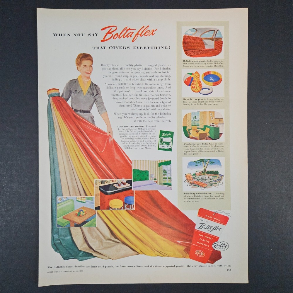 1953 Boltaflex Genuine Plastic Covering Fabric Vintage Print Ad Lawrence MA
